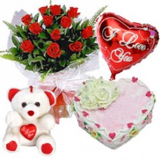 Beautiful 12 Dutch Red Roses Bunch with Teddy Bear, 1 Lb Love Cake and Heart Shaped Balloons